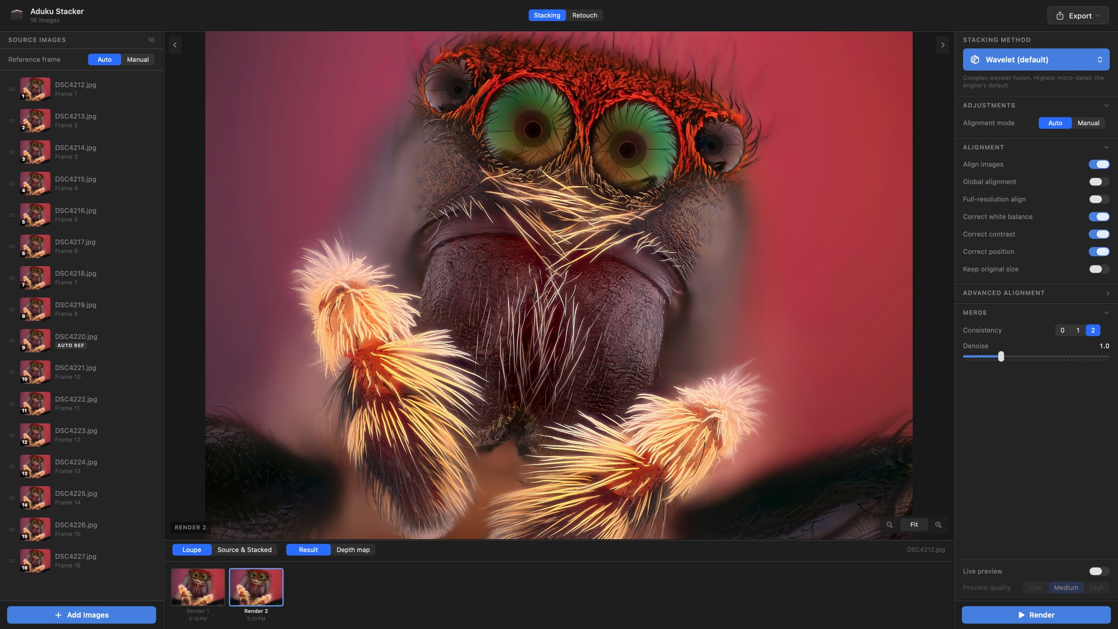 Aduku Stacker app showing a jumping spider focus stack with alignment and merge controls